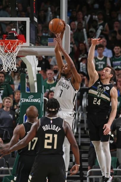 Kevin Durant of the Brooklyn Nets dunks the ball against the Milwaukee Bucks during Round 2, Game 6 of the 2021 NBA Playoffs on June 17, 2021 at the...