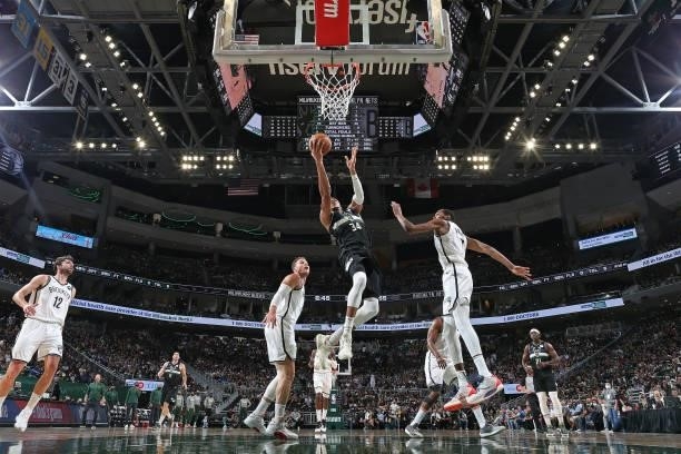 Giannis Antetokounmpo of the Milwaukee Bucks drives to the basket against the Brooklyn Nets during Round 2, Game 6 of the 2021 NBA Playoffs on June...