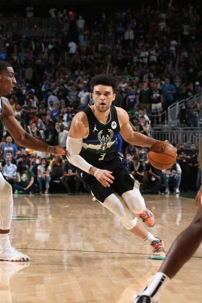 Elijah Bryant of the Milwaukee Bucks drives to the basket against the Brooklyn Nets during Round 2, Game 6 of the 2021 NBA Playoffs on June 17, 2021...