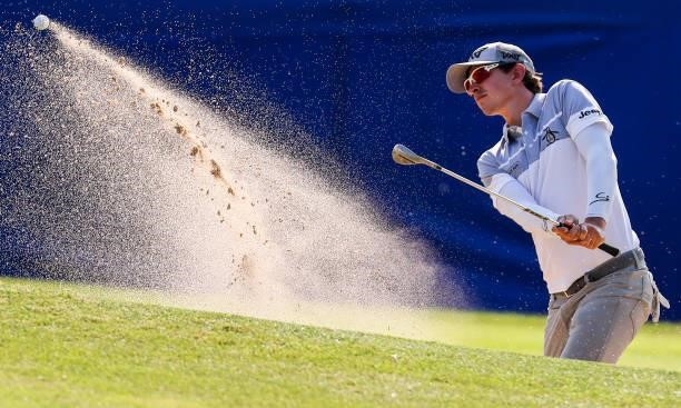 Nicolas Echavarria of Columbia plays his shot out of the bunker on the 17th green during the second round of the Wichita Open Benefitting KU Wichita...
