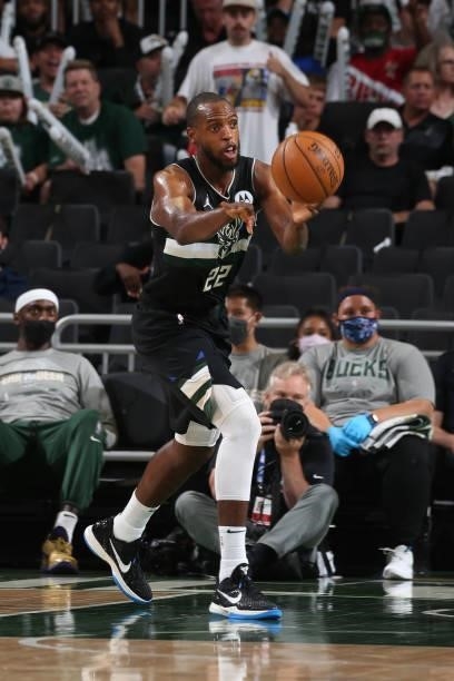 Khris Middleton of the Milwaukee Bucks passes the ball against the Brooklyn Nets during Round 2, Game 5 of the 2021 NBA Playoffs on June 17, 2021 at...