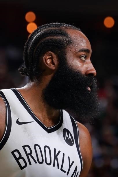Close up shot of James Harden of the Brooklyn Nets during the game against the Milwaukee Bucks during Round 2, Game 6 of the 2021 NBA Playoffs on...