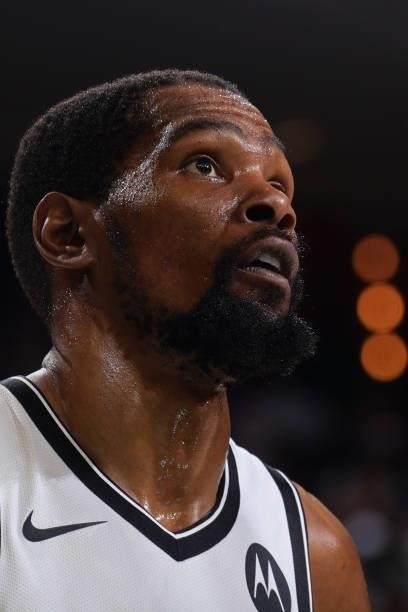 Close up shot of Kevin Durant of the Brooklyn Nets during the game against the Milwaukee Bucks during Round 2, Game 6 of the 2021 NBA Playoffs on...