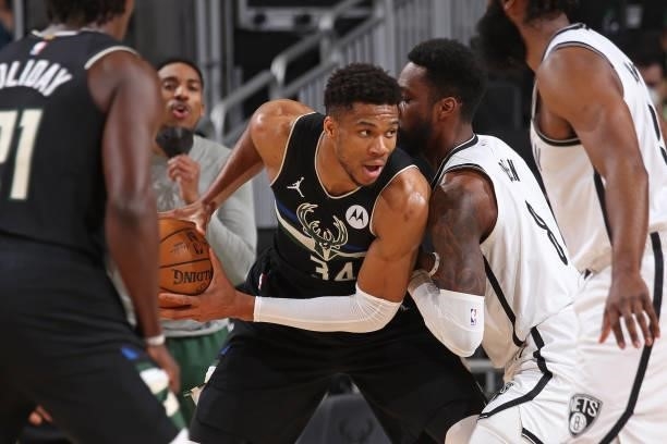 Jeff Green of the Brooklyn Nets plays defense on Giannis Antetokounmpo of the Milwaukee Bucks during Round 2, Game 5 of the 2021 NBA Playoffs on June...