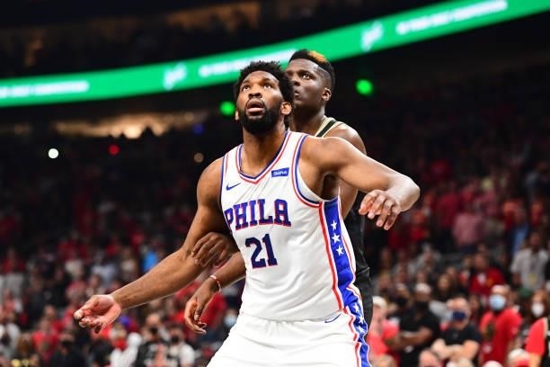 Joel Embiid of the Philadelphia 76ers fights for position during the game during Round 2, Game 6 of the Eastern Conference Playoffs on June 18, 2021...