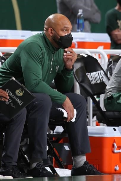 Assistant Coach Darvin Ham of the Milwaukee Bucks looks on in the game against the Brooklyn Nets during Round 2, Game 6 of the 2021 NBA Playoffs on...