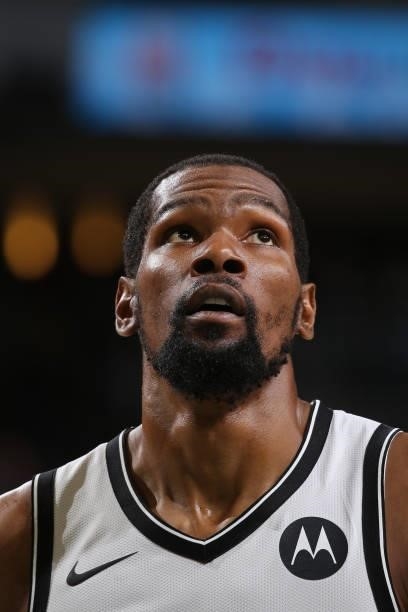 Close up shot of Kevin Durant of the Brooklyn Nets during Round 2, Game 6 of the 2021 NBA Playoffs on June 17, 2021 at the Fiserv Forum Center in...