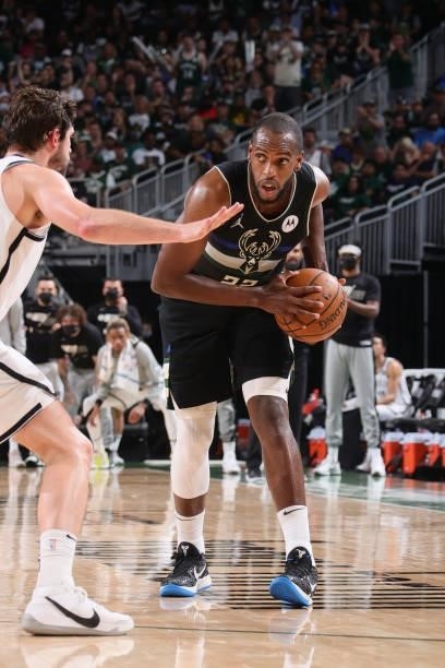 Joe Harris of the Brooklyn Nets plays defense on Khris Middleton of the Milwaukee Bucks during Round 2, Game 6 of the 2021 NBA Playoffs on June 17,...