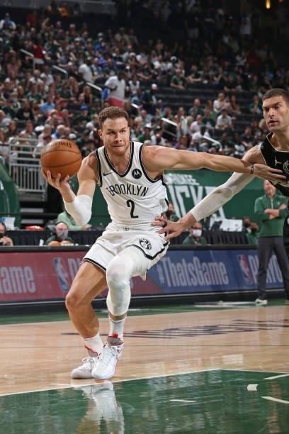 Blake Griffin of the Brooklyn Nets handles the ball against the Milwaukee Bucks during Round 2, Game 5 of the 2021 NBA Playoffs on June 17, 2021 at...