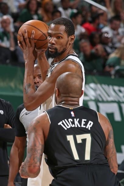 Tucker of the Milwaukee Bucks plays defense on Kevin Durant of the Brooklyn Nets during Round 2, Game 5 of the 2021 NBA Playoffs on June 17, 2021 at...