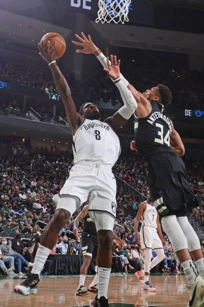 Jeff Green of the Brooklyn Nets drives to the basket against the Milwaukee Bucks during Round 2, Game 6 of the 2021 NBA Playoffs on June 17, 2021 at...
