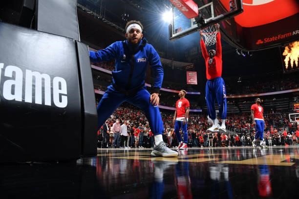 Seth Curry of the Philadelphia 76ers stretches prior to a game against the Atlanta Hawks during Round 2, Game 6 of the Eastern Conference Playoffs on...
