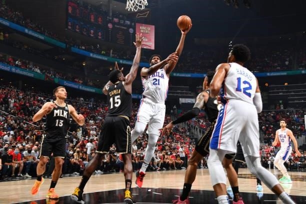 Joel Embiid of the Philadelphia 76ers shoots the ball against the Philadelphia 76ers during Round 2, Game 6 of the Eastern Conference Playoffs on...