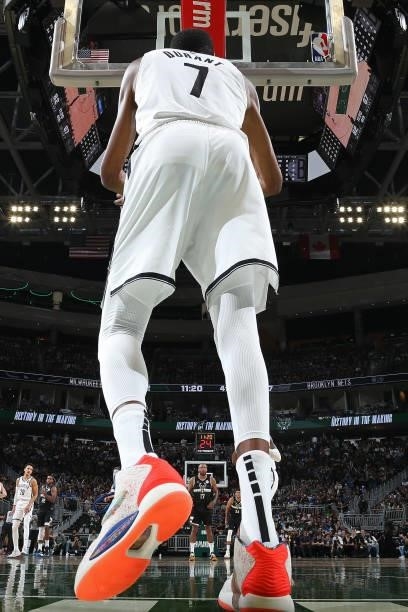 Kevin Durant of the Brooklyn Nets looks on against the Milwaukee Bucks during Round 2, Game 6 of the 2021 NBA Playoffs on June 17, 2021 at the Fiserv...