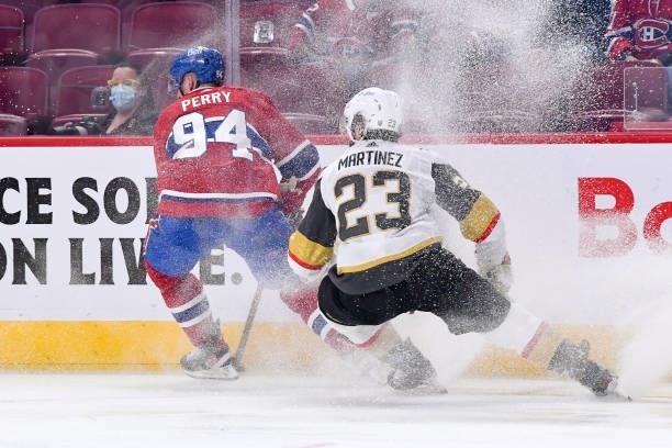 June 18: Corey Perry of the Montreal Canadiens skates with the puck under pressure from Alec Martinez of the Vegas Golden Knights in Game Three of...