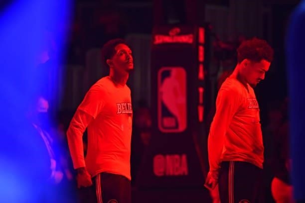 Lou Williams of the Atlanta Hawks and Trae Young of the Atlanta Hawks look on prior to a game against the Philadelphia 76ers during Round 2, Game 6...
