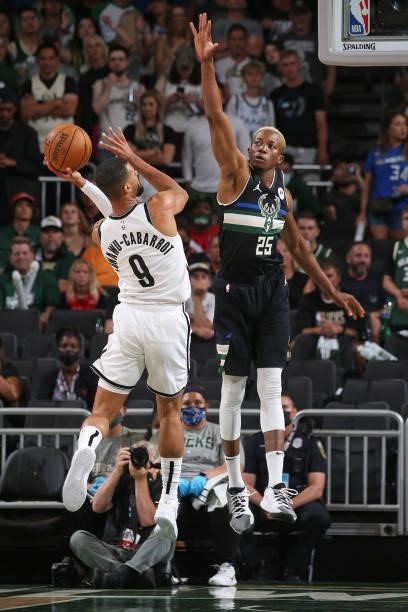 Timothe Luwawu-Cabarrot of the Brooklyn Nets shoots the ball against the Milwaukee Bucks during Round 2, Game 6 of the 2021 NBA Playoffs on June 17,...