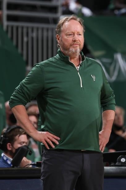 Head Coach Mike Budenholzer of the Milwaukee Bucks looks on in the game against the Brooklyn Nets during Round 2, Game 5 of the 2021 NBA Playoffs on...