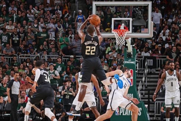 Khris Middleton of the Milwaukee Bucks shoots the ball against the Brooklyn Nets during Round 2, Game 6 of the 2021 NBA Playoffs on June 17, 2021 at...