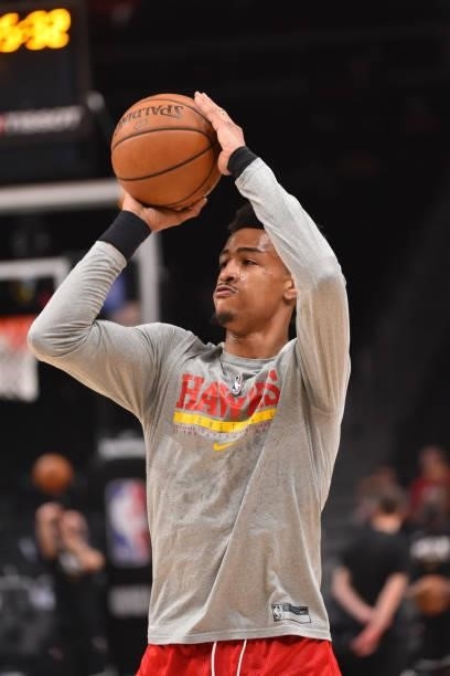 John Collins of the Atlanta Hawks warms up prior to a game against the Philadelphia 76ers during Round 2, Game 6 of the Eastern Conference Playoffs...