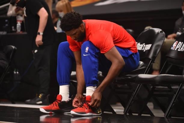 Joel Embiid of the Philadelphia 76ers warms up prior to a game against the Atlanta Hawks during Round 2, Game 6 of the Eastern Conference Playoffs on...