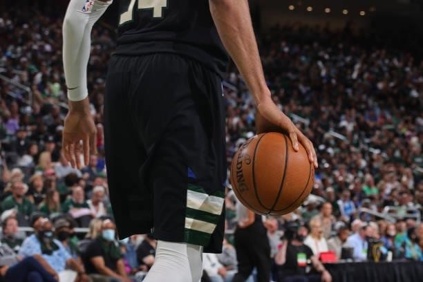Generic basketball photo of a player holding the @NBA Spalding basketball during Round 2, Game 6 of the 2021 NBA Playoffs on June 17, 2021 at the...
