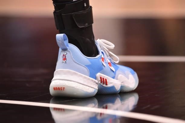 The sneakers worn by Trae Young of the Atlanta Hawks during Round 2, Game 6 of the Eastern Conference Playoffs on June 18, 2021 at State Farm Arena...