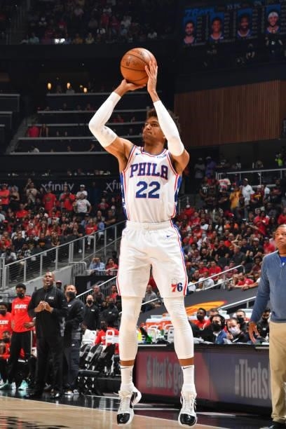 Matisse Thybulle of the Philadelphia 76ers shoots a three-pointer against the Atlanta Hawks during Round 2, Game 6 of the Eastern Conference Playoffs...