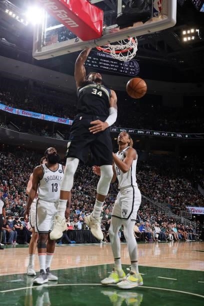 Giannis Antetokounmpo of the Milwaukee Bucks dunks the ball against the Brooklyn Nets during Round 2, Game 6 of the 2021 NBA Playoffs on June 17,...
