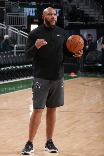 Assistant Coach Darvin Ham of the Milwaukee Bucks handles the ball before the game against the Brooklyn Nets during Round 2, Game 6 of the 2021 NBA...