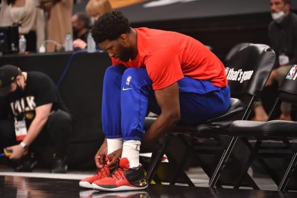 Joel Embiid of the Philadelphia 76ers warms up prior to a game against the Atlanta Hawks during Round 2, Game 6 of the Eastern Conference Playoffs on...