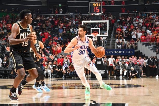 Furkan Korkmaz of the Philadelphia 76ers handles the ball against the Atlanta Hawks during Round 2, Game 6 of the Eastern Conference Playoffs on June...