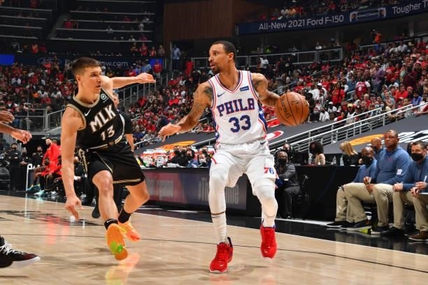 George Hill of the Philadelphia 76ers handles the ball against the Atlanta Hawks during Round 2, Game 6 of the Eastern Conference Playoffs on June...