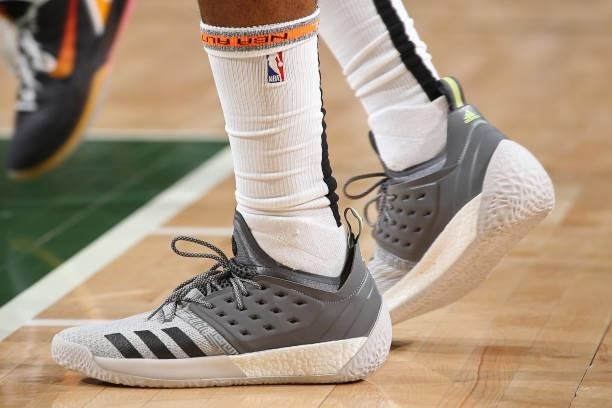The sneakers of James Harden of the Brooklyn Nets against the Milwaukee Bucks during Round 2, Game 6 of the 2021 NBA Playoffs on June 17, 2021 at the...