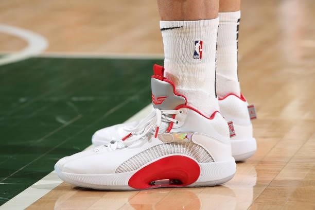 The sneakers of Blake Griffin of the Brooklyn Nets in the game against the Milwaukee Bucks during Round 2, Game 5 of the 2021 NBA Playoffs on June...