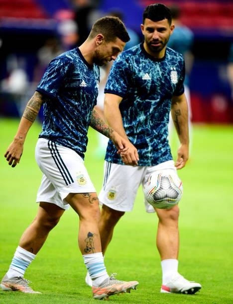 Alejandro Papu Gomez and Sergio Aguero of Argentina during the match between Argentina and Uruguay as part of Conmebol Copa America Brazil 2021 at...