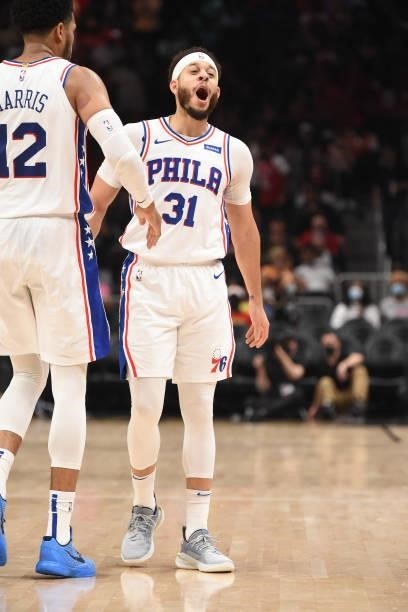 Seth Curry of the Philadelphia 76ers reacts during a game against the Atlanta Hawks during Round 2, Game 6 of the Eastern Conference Playoffs on June...