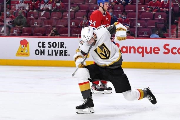 June 18: Nicolas Roy of the Vegas Golden Knights celebrates after scoring a goal against the Montreal Canadiens in Game Three of the Stanley Cup...
