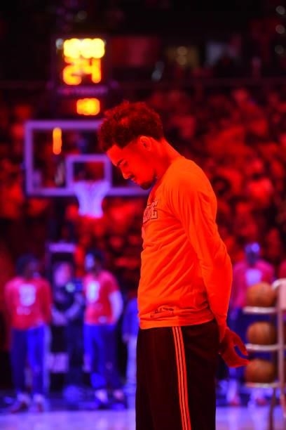 Trae Young of the Atlanta Hawks looks on prior to a game against the Philadelphia 76ers during Round 2, Game 6 of the Eastern Conference Playoffs on...
