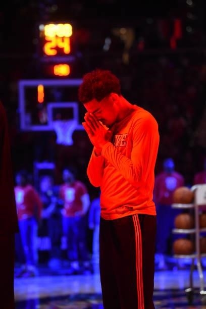 Trae Young of the Atlanta Hawks looks on prior to a game against the Philadelphia 76ers during Round 2, Game 6 of the Eastern Conference Playoffs on...