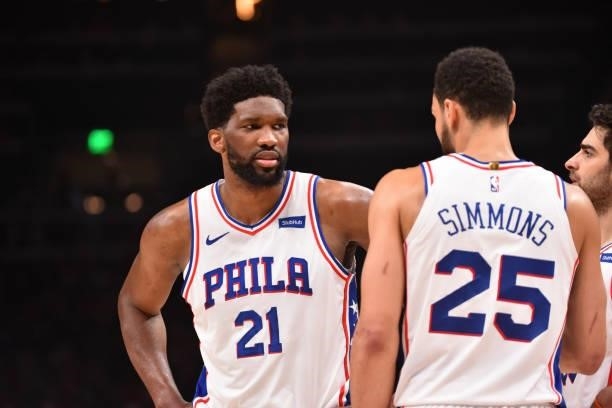 Joel Embiid of the Philadelphia 76ers and Ben Simmons of the Philadelphia 76ers talk during a game against the Atlanta Hawks during Round 2, Game 6...