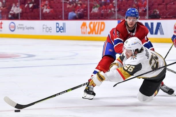 June 18: Jesperi Kotkaniemi of the Montreal Canadiens checks Mattias Janmark of the Vegas Golden Knights in Game Three of the Stanley Cup Semifinals...