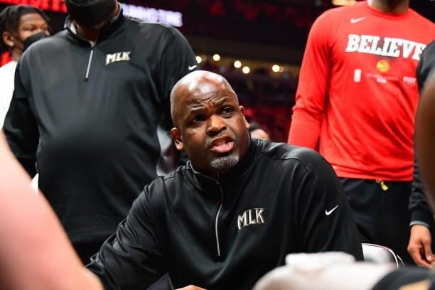 Nate McMillan of the Atlanta Hawks talks to his team during the game against the Philadelphia 76ers during Round 2, Game 6 of the Eastern Conference...