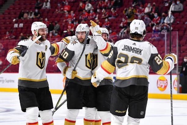 June 18: Nicolas Roy of the Vegas Golden Knights celebrates with teammates after scoring a goal against the Montreal Canadiens in Game Three of the...