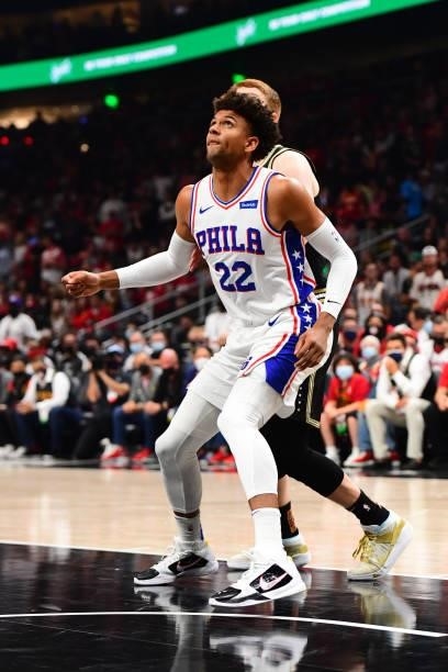 Matisse Thybulle of the Philadelphia 76ers looks on during the game against the Atlanta Hawks during Round 2, Game 6 of the Eastern Conference...