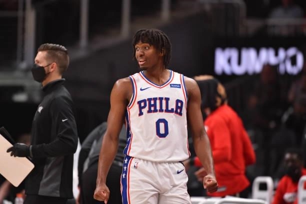 Tyrese Maxey of the Philadelphia 76ers reacts during a game against the Atlanta Hawks during Round 2, Game 6 of the Eastern Conference Playoffs on...