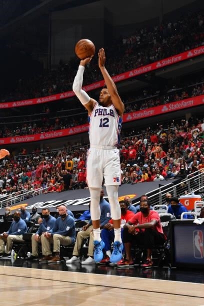 Tobias Harris of the Philadelphia 76ers shoots a three-pointer against the Atlanta Hawks during Round 2, Game 6 of the Eastern Conference Playoffs on...