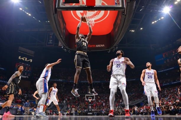Clint Capela of the Atlanta Hawks dunks the ball against the Philadelphia 76ers during Round 2, Game 6 of the Eastern Conference Playoffs on June 18,...