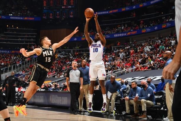 Shake Milton of the Philadelphia 76ers shoots a three-pointer against the Atlanta Hawks during Round 2, Game 6 of the Eastern Conference Playoffs on...