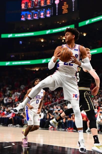 Matisse Thybulle of the Philadelphia 76ers grabs the rebound against the Atlanta Hawks during Round 2, Game 6 of the Eastern Conference Playoffs on...
